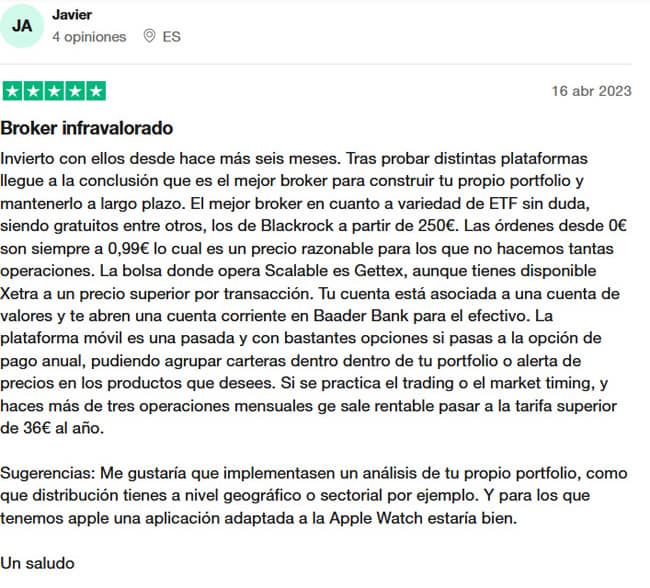 Opinión sobre el broker Scalable Capital de un usuario en España en Trustpilot