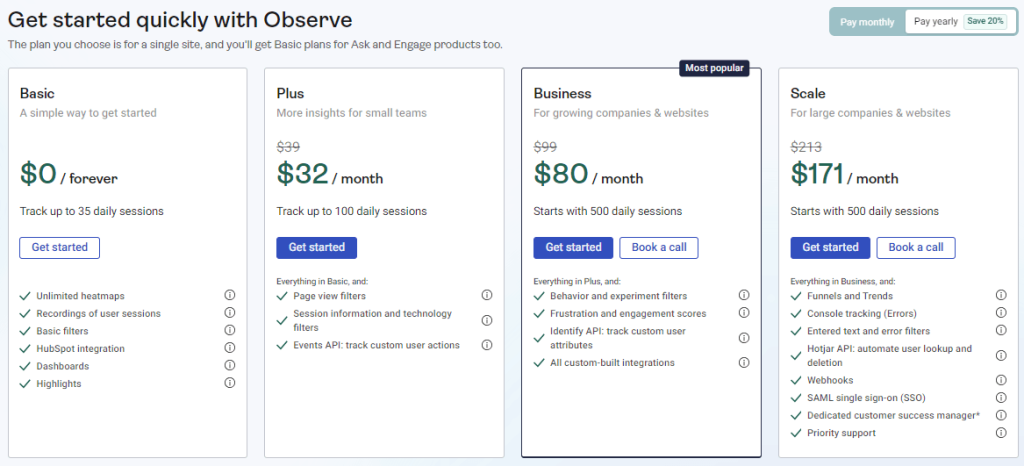 pricing hotjar