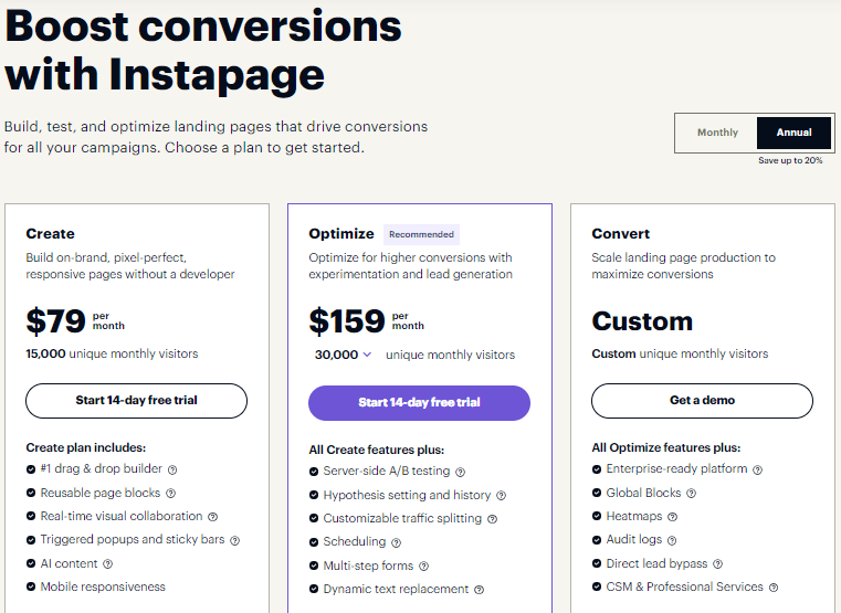 Pricing instapage