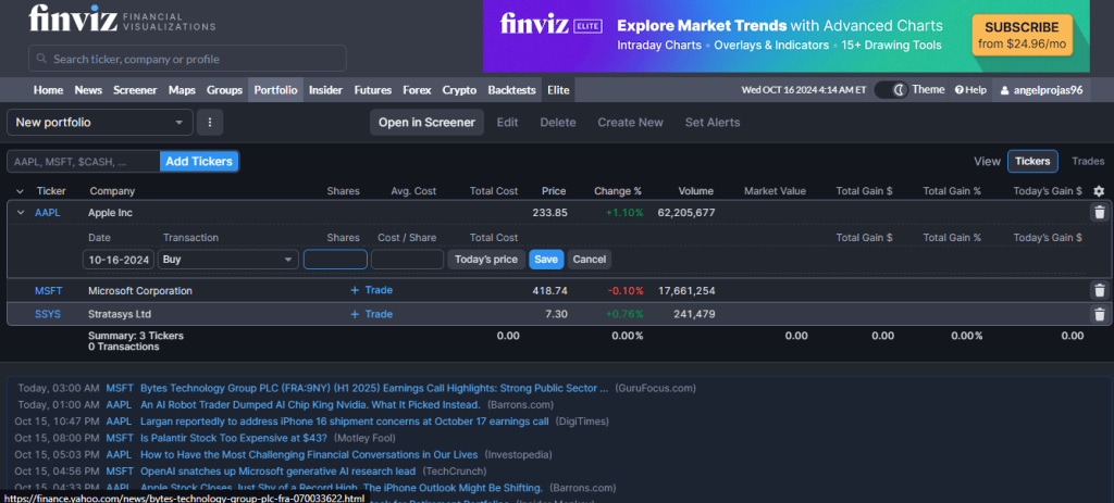 Finviz trade portfolio