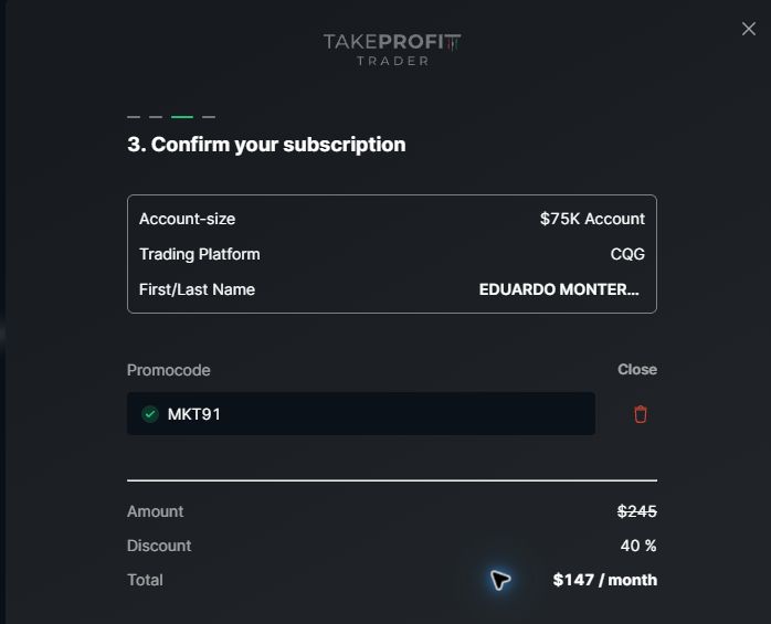 MKT91 coupon verified on Take Profit Trader Test75K CQG on September 28, 2026